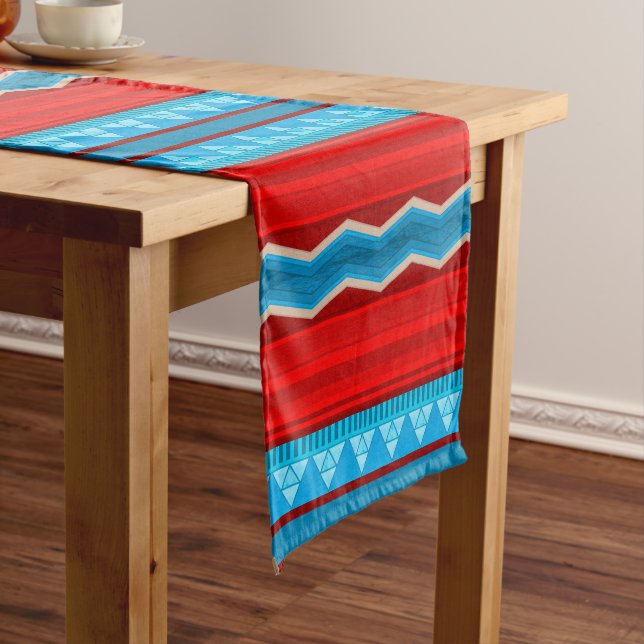 Southwest River Canyon Geometric Red Turquoise Short Table Runner (In Situ)