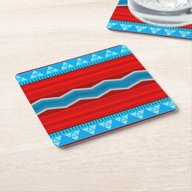 Southwest River Canyon Geometric Red Turquoise  Square Paper Coaster (Angled)
