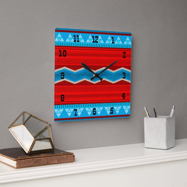 Southwest River Canyon Geometric Red Turquoise Square Wall Clock (Office)
