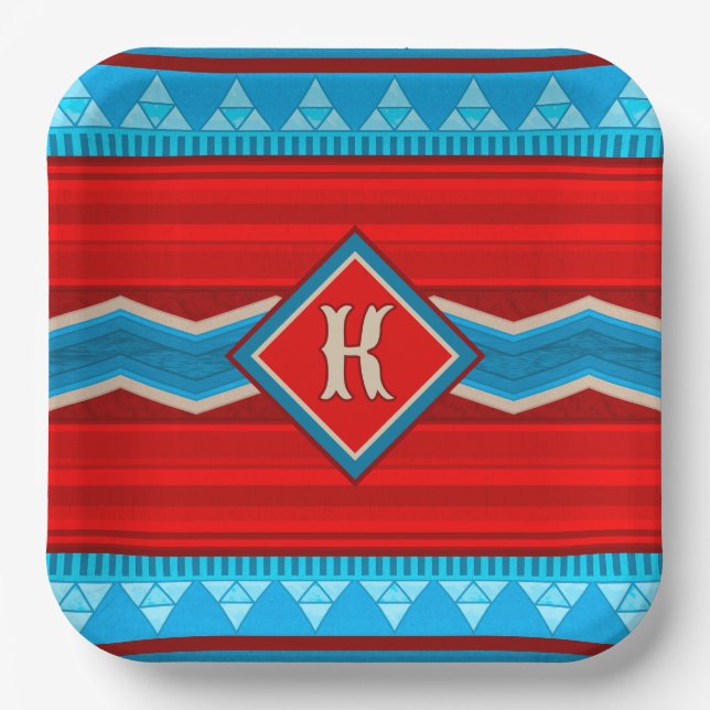 Southwest River Canyon Red Turquoise Monogrammed Paper Plate (Front)