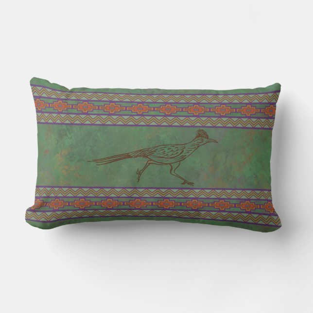 Southwest Roadrunner Sagebrush Green Lumbar Pillow (Front)