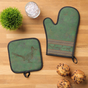 Southwest Roadrunner Sagebrush Green Oven Mitt & Pot Holder Set