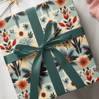 Southwest Rustic Floral Blues Burnt Orange Reds Wrapping Paper