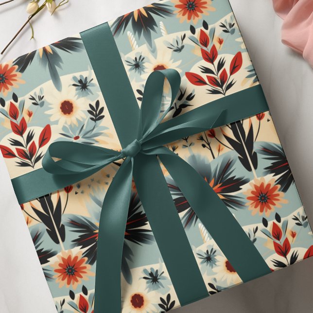 Southwest Rustic Floral Blues Burnt Orange Reds Wrapping Paper (Creator Uploaded)