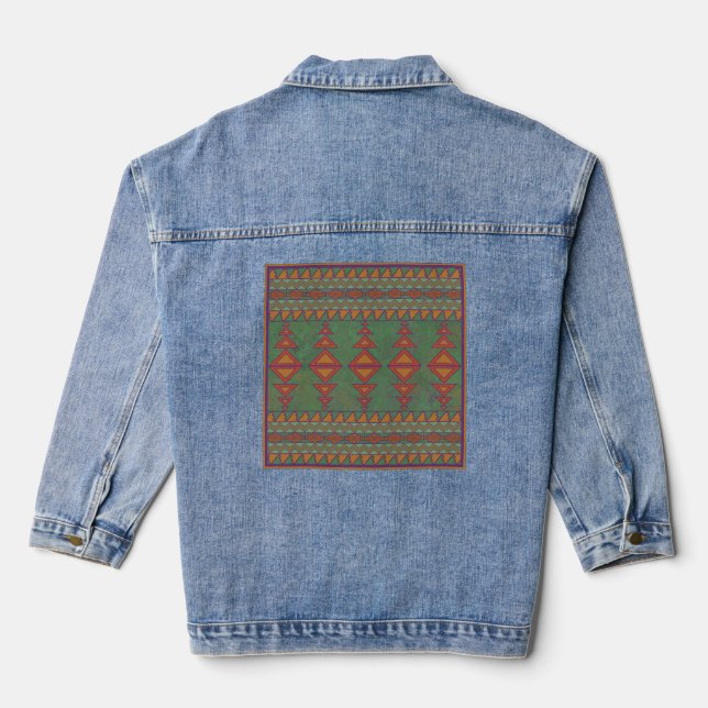 Southwest Sagebrush Green Geometric Design  Denim Jacket (Back)