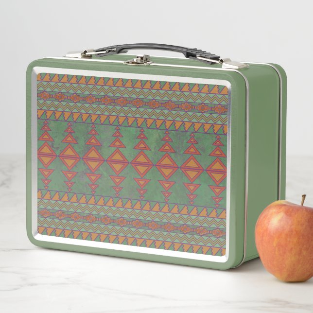 Southwest Sagebrush Green Geometric Design Metal Lunch Box (In Situ)