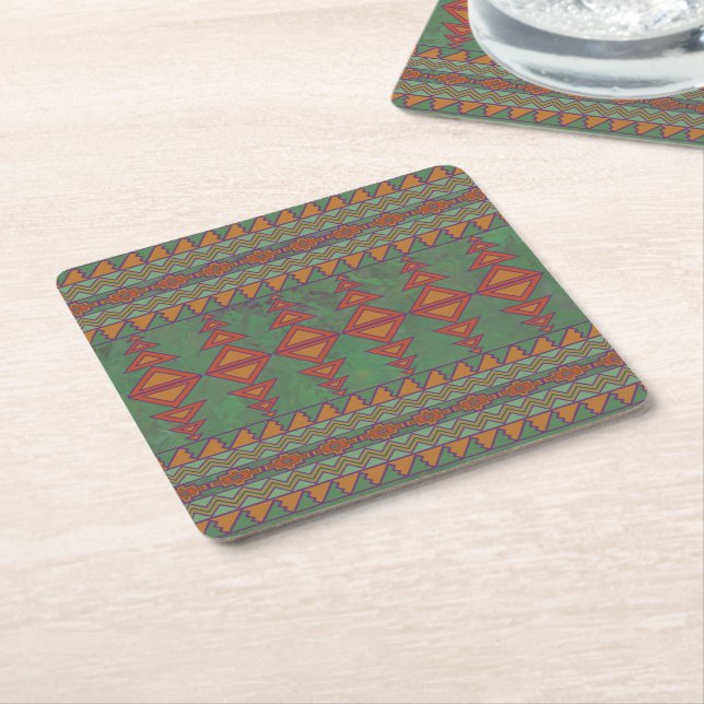 Southwest Sagebrush Green Geometric Design  Square Paper Coaster (Angled)