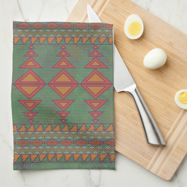 Southwest Sagebrush Green Geometric Design Tea Towel (Quarter Fold)