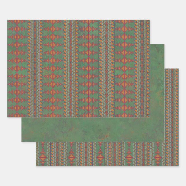 Southwest Sagebrush Green Geometric Design Wrapping Paper Sheet (Set)