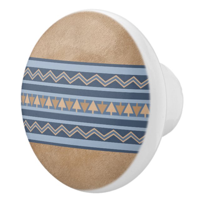 Southwest Style Blue and Brown Geometric Border Ceramic Knob (Right)