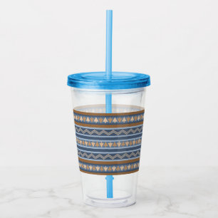 Southwest Style Blue and Brown Geometric Pattern Acrylic Tumbler