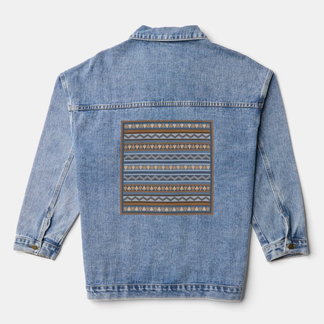Southwest Style Blue and Brown Geometric Pattern Denim Jacket (Back)
