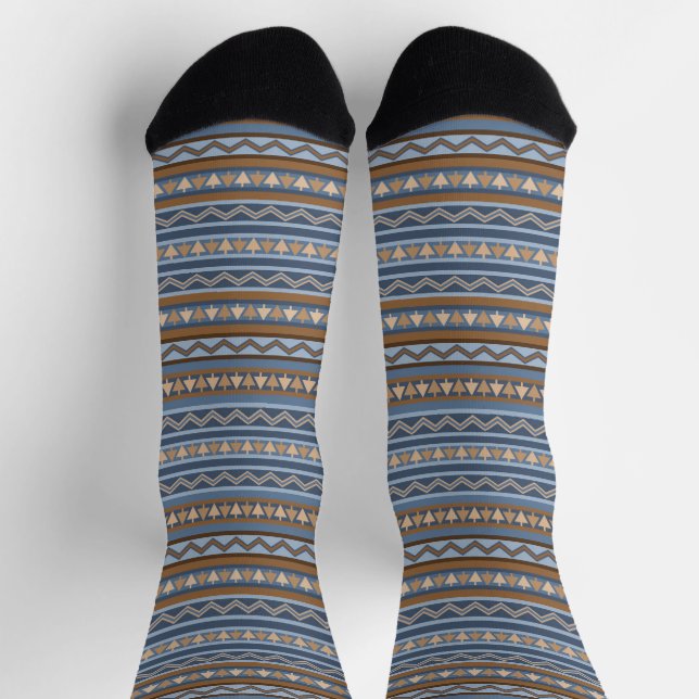 Southwest Style Blue and Brown Geometric Pattern Socks (Top)