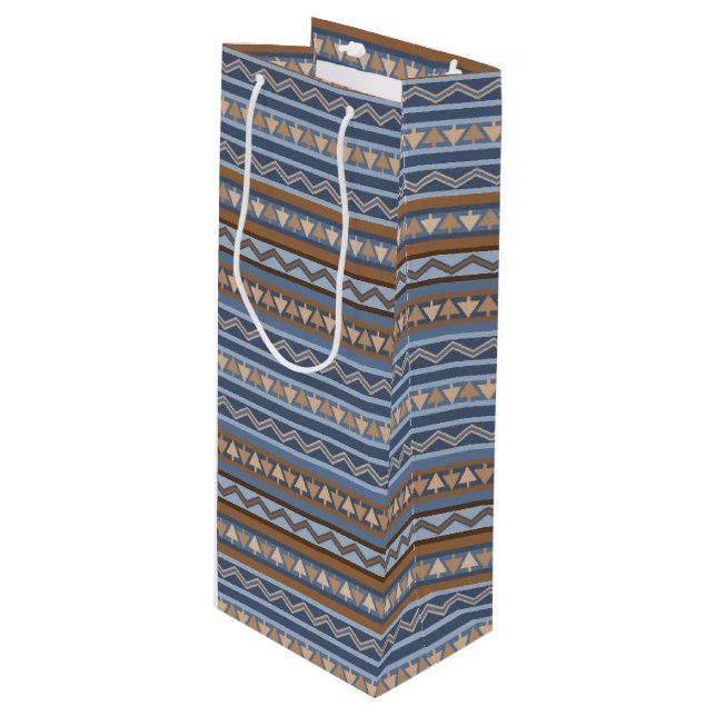 Southwest Style Blue and Brown Geometric Pattern Wine Gift Bag (Front Angled)