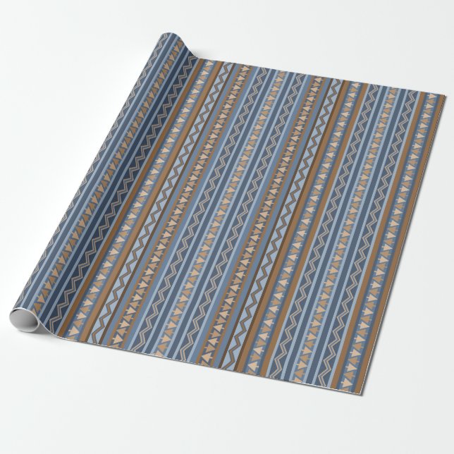 Southwest Style Blue and Brown Geometric Pattern Wrapping Paper (Unrolled)