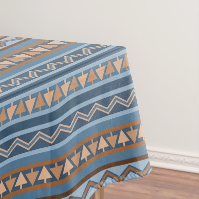 Southwest Style Blue Brown Geometric Pattern Large Tablecloth (In Situ)