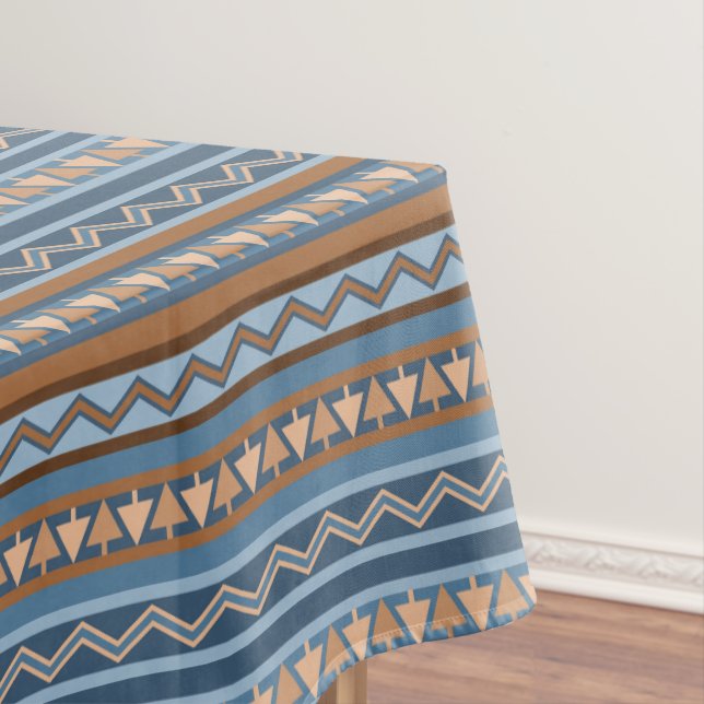 Southwest Style Blue Brown Geometric Pattern Small Tablecloth (In Situ)