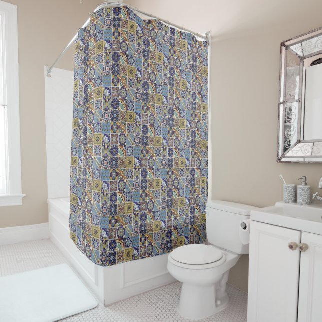 Southwest Style Talavera Tile Colourful Bathroom Shower Curtain (In Situ)