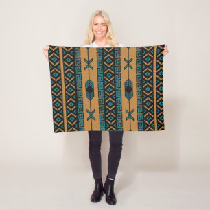 Southwest Tan Turquoise Black Aztec Pattern Fleece Blanket