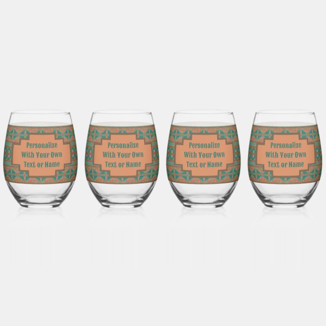 Southwest Teal Copper Colour Geometric Personalise Stemless Wine Glass (Front)