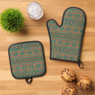 Southwest Teal Copper Colours Geometric Pattern Oven Mitt & Pot Holder Set