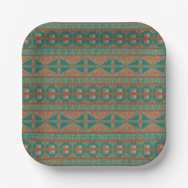 Southwest Teal Copper Colours Geometric Pattern Paper Plate (Front)