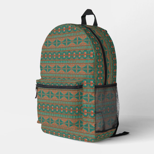 Southwest Teal Copper Colours Geometric Pattern Printed Backpack (Back Corner Right)