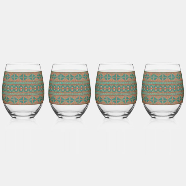 Southwest Teal Copper Colours Geometric Pattern Stemless Wine Glass (Front)