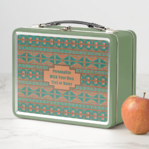 Southwest Teal Copper Geometric Print Personalised Metal Lunch Box
