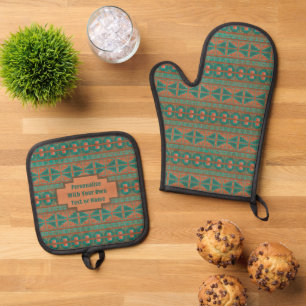 Southwest Teal Copper Geometric Print Personalised Oven Mitt & Pot Holder Set
