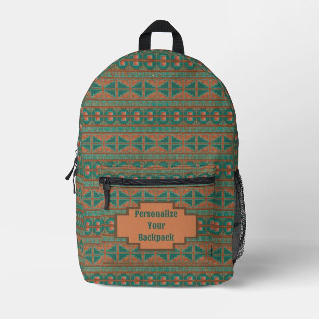Southwest Teal Copper Geometric Print Personalised Printed Backpack (Front)
