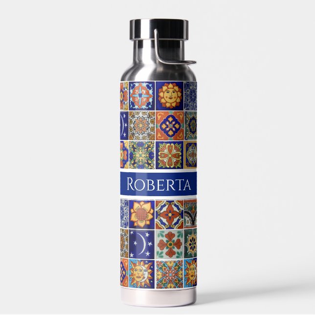 Southwest Tile Design Personalise Name Colourful Water Bottle (Left)