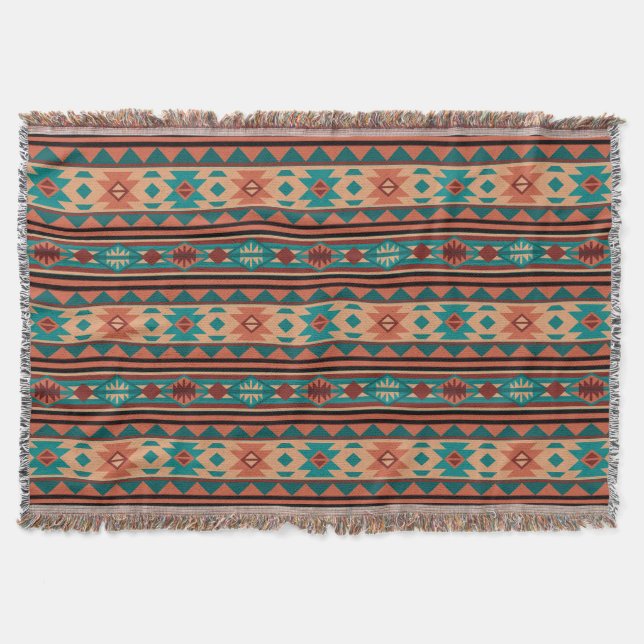 Southwest Tribal Pattern Turquoise Terracotta Throw Blanket (Front)