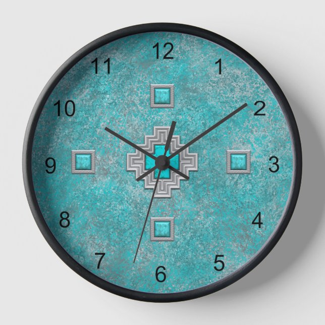 Southwest Turquoise Rock Geometric Pattern Framed Clock (Front)