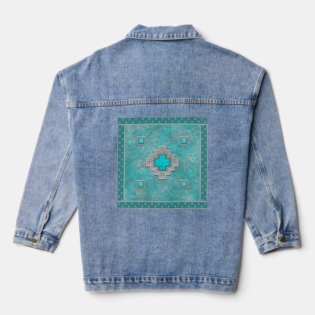Southwest Turquoise Stone Geometric Design Denim Jacket (Back)