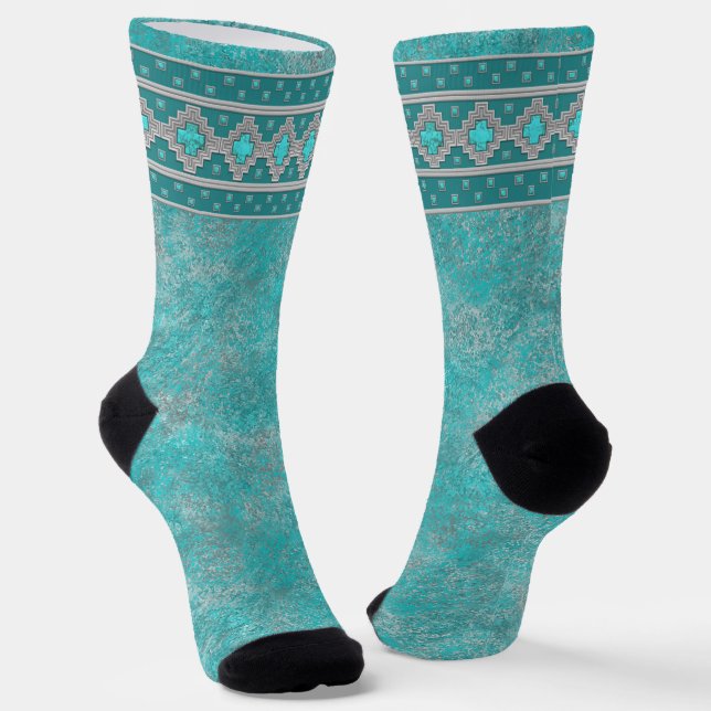 Southwest Turquoise Stones Border Socks (Angled)