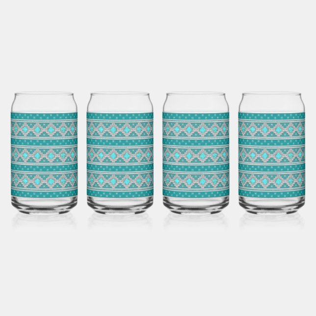 Southwest Turquoise Stones Geometric Pattern Can Glass (Front)