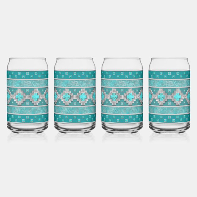Southwest Turquoise Stones Geometric Pattern Can Glass (Front)