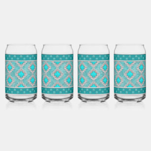 Southwest Turquoise Stones Geometric Pattern Can Glass