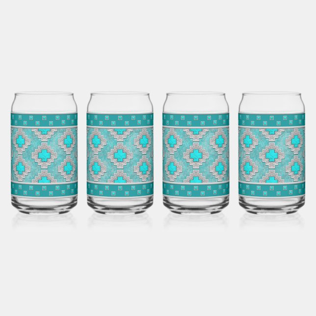 Southwest Turquoise Stones Geometric Pattern Can Glass (Front)