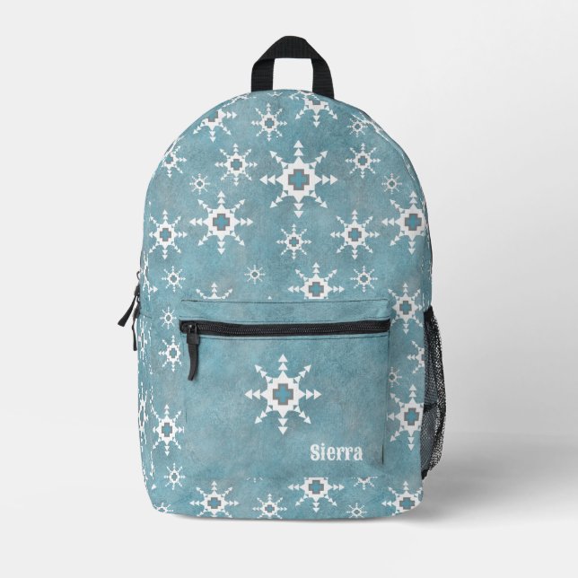 Southwest Winter Blue White Snowflake Personalised Printed Backpack (Front)
