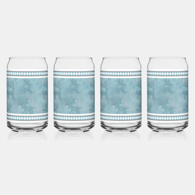 Southwest Winter Deer Petroglyphs Blue and White Can Glass (Front)