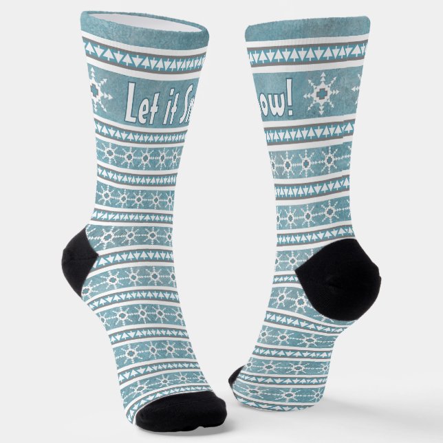 Southwest Winter Snowflakes Fun Personalised Blue Socks (Angled)