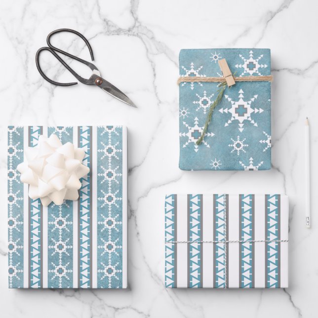 Southwest Winter Snowflakes & Pine Trees Blue Wrapping Paper Sheet (Front)