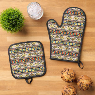 Southwest Yellow Geometric Butterfly Pattern Oven Mitt & Pot Holder Set