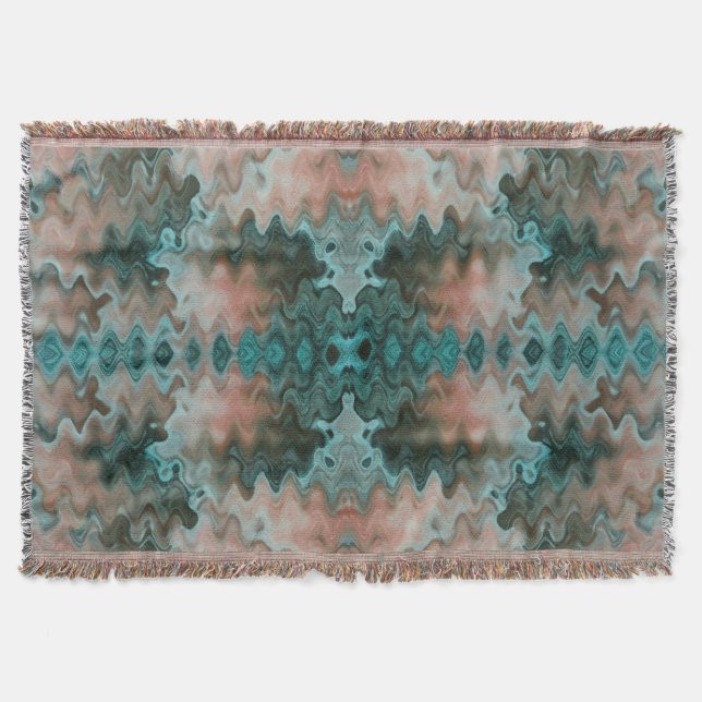 Southwestern Abstract Wave Turquoise Sand Peach Throw Blanket (Front)