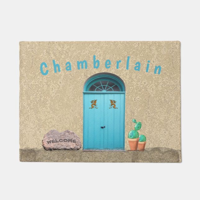 Southwestern Blue Doors Kokopelli Cactus Custom Doormat (Front)