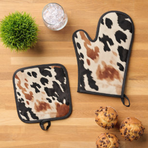 Southwestern Brown Cream Black Cowhide  Oven Mitt & Pot Holder Set
