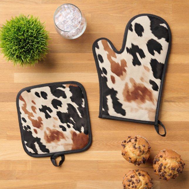 Southwestern Brown Cream Black Cowhide  Oven Mitt & Pot Holder Set (Top Down)