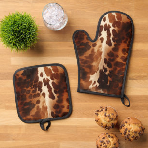 Southwestern Brown Cream Cowhide  Oven Mitt & Pot Holder Set